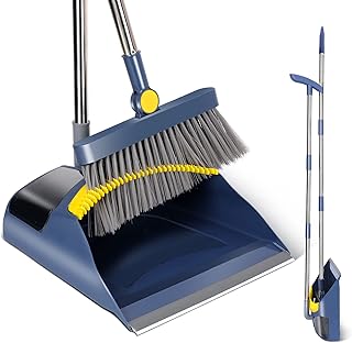 Masthome Juego de Escoba y Recogedor de Mango Largo, Recogedor Vertical con Peine y Borde de Goma, Escoba Giratorio 180° con Vertical para Hogar, Oficina, Pasillo y Uso en Exteriores