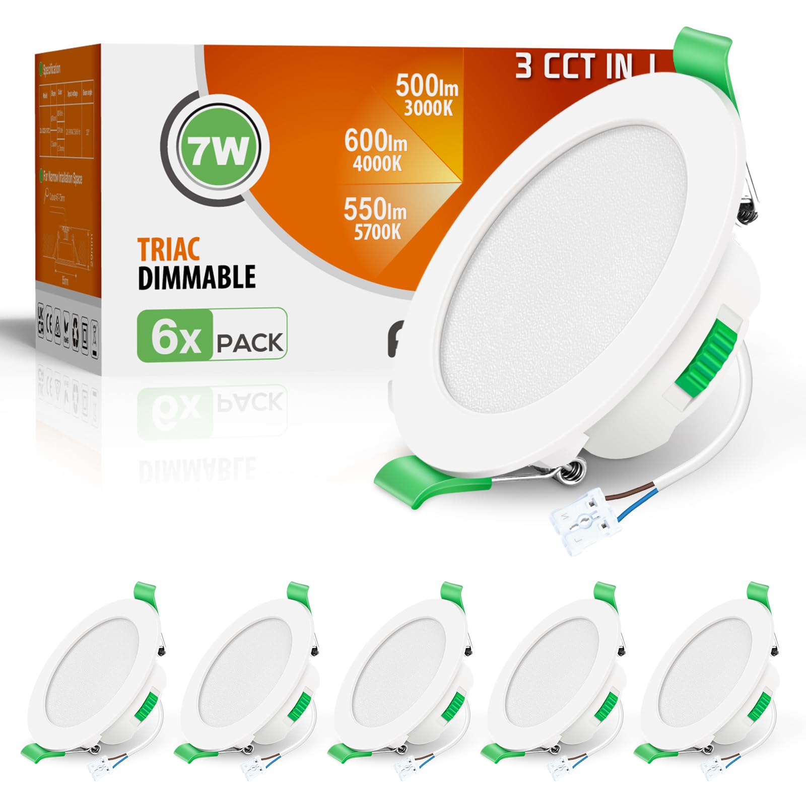 ALUSSO Lot de 6 Spot LED Encastrable 68mm,7W Led Spot Dimmable AC 220-240V,3000K 4000K 6500K Étanche IP65 Réglable Plafonnier Encastré pour Salle de Bain,Salon,Chambre,Cuisine,Rond,Blanc
