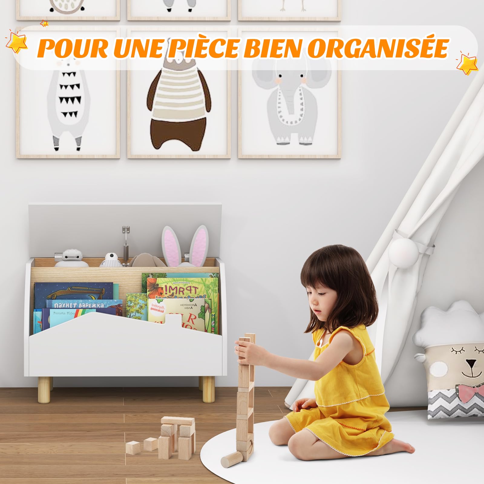 GOPLUS Coffre a Jouets Enfant, Meuble Rangement Jouets Enfant Garçons Filles, avec Pieds en Bois de Pin, Poignées et Charnière de Sécurité, Étagere de Livre pour Chambre d'Enfant (Blanc)