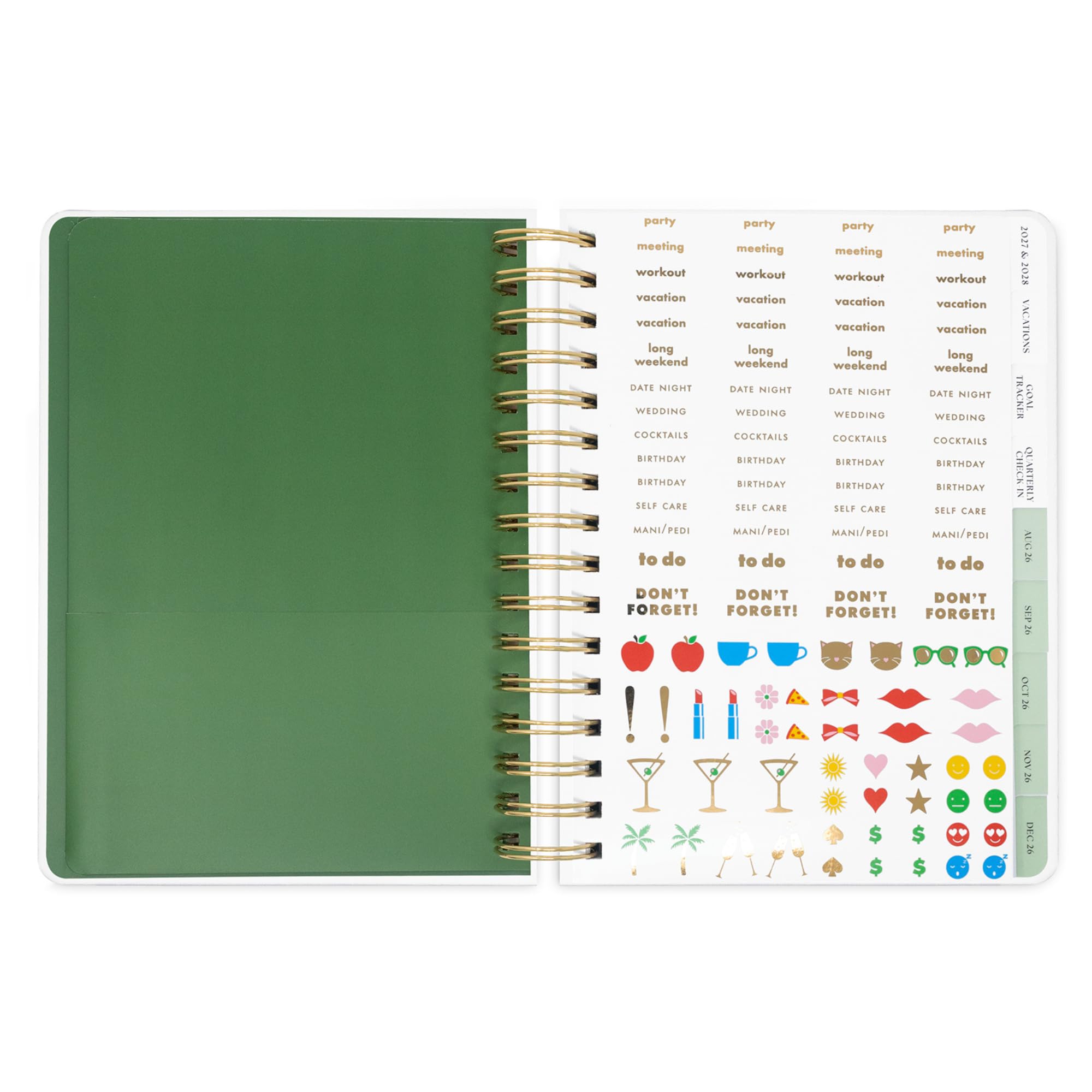 kate spade new york Agenda grande 21,6 x 18,4 cm, rilegatura a spirale, layout mensile e settimanale, tracker obiettivi, agenda vacanze, adesivi, linguette, chiusura elastica e tasca, agosto 2026