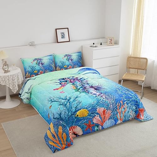 Miniatura 2 de Erosebridal Juego de ropa de cama de caballito de mar, juego de edredón estampado de caballito de mar 3D, relleno de edredón de animales oceánicos