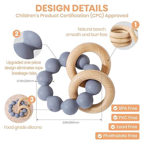 Miniatura 10 de Socub Juguete de dentición para bebés Soothe+Masaje para 0-6, 6-12 meses, silicona de grado alimenticio y anillo de mordedor de madera de haya