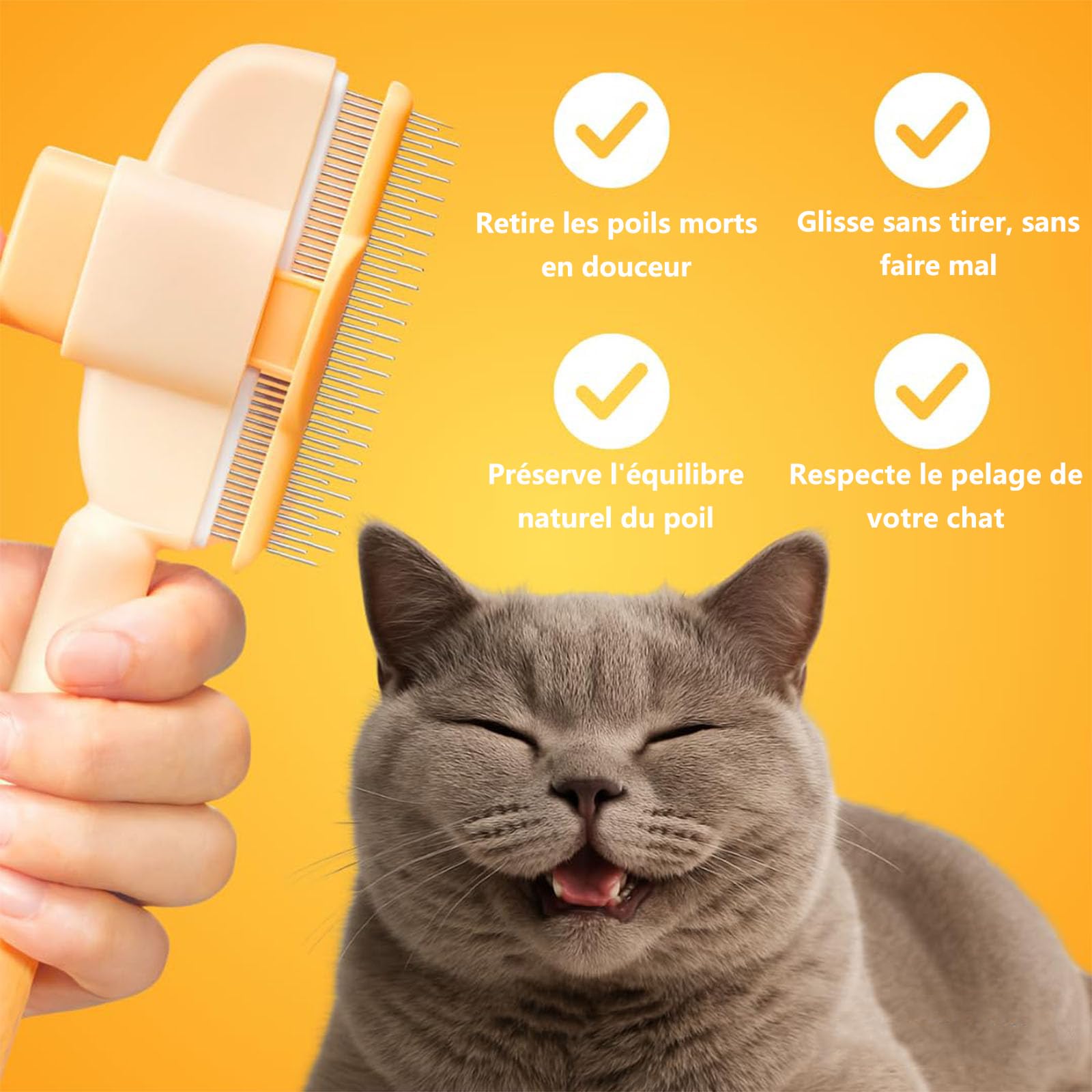 chat peigne, 2025 brosse anti-poils mort –peigne anti puces douce, efficace et autonettoyante, idéale pour poils longs et courts (Jaune)