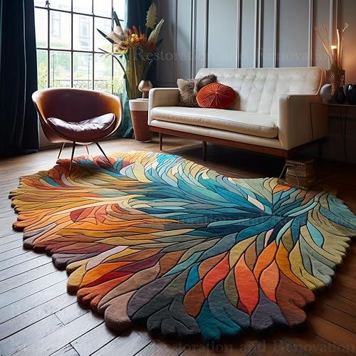 Restoration and Renovation Handmade Irregular Shape Wool Area Rug | Unique Contemporary Botanical Design, Thick & Soft Carpet | Perfect for Living Room, Bedroom Decor (Multi, 4.6' x 6.6') - 4'6" x 6'6" (Irregular) - Multi Color