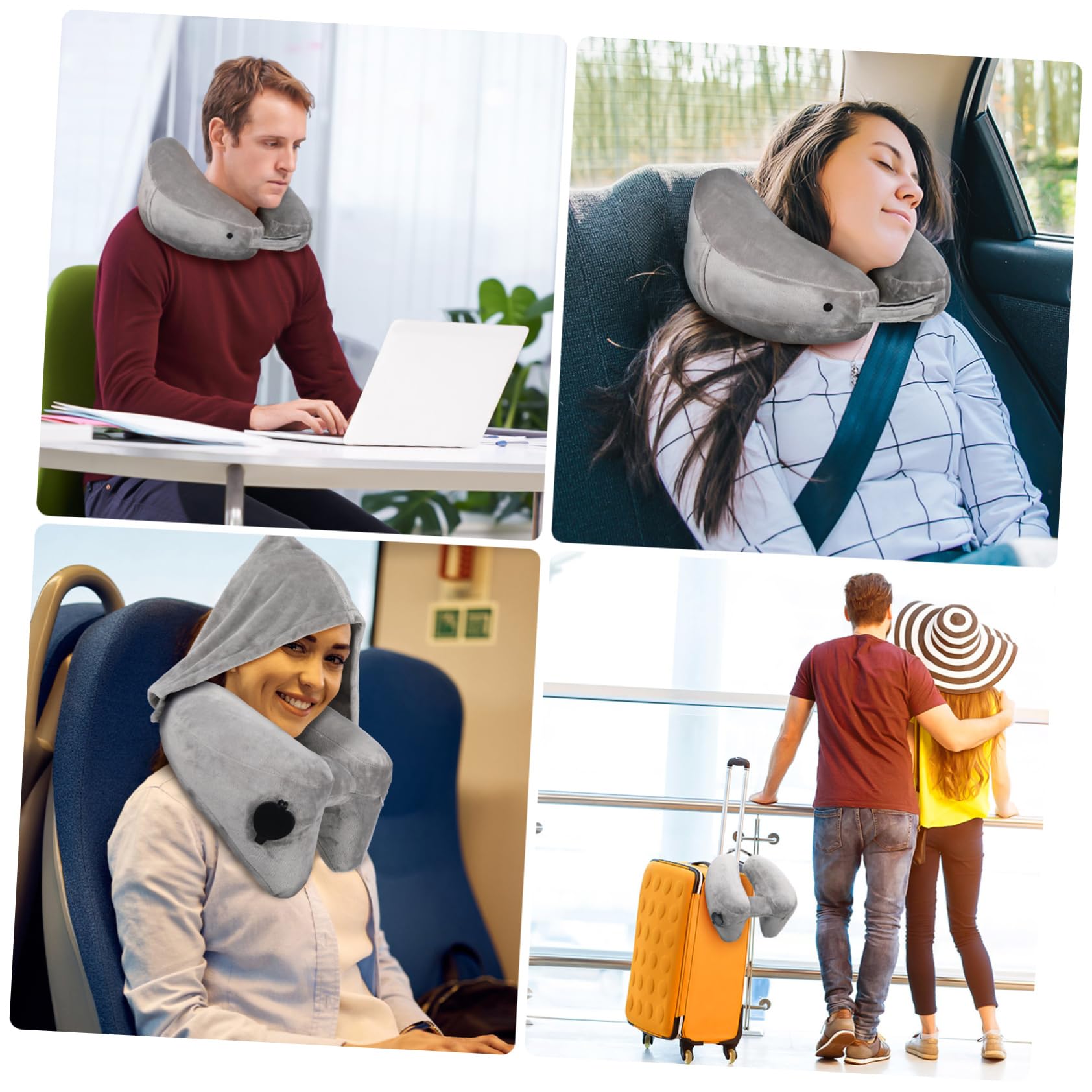 UKCOCO Almohada De Viaje Inflable Cuello con Capucha Soporte Cervical para Viajes Avión y Coche Almohada Hinchable Cómoda