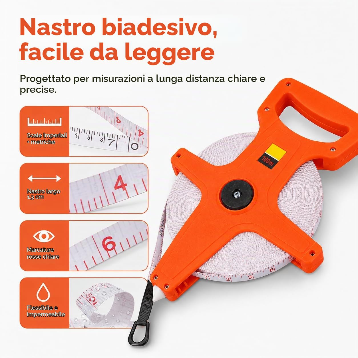 Metro A Nastro 100 Metri, Rotella Metrica In Fibra Di Vetro Resistente Flessometro Bindella, Doppio Lato Rotolo Di Metro A Nastro Di Misurazione Nastri Di Misurazione In Pollici E mm Con Impugnatura