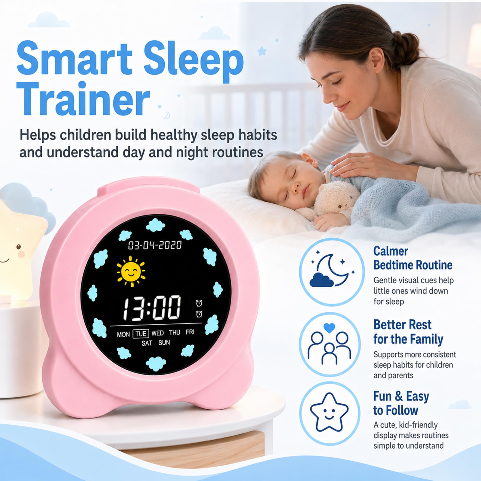 auvstar Sveglia Bambini,Sleep Trainer Clock,Sveglia Digitale per Bambini per l'allenamento del Sonno,Display 3.6 LCD con Modalità per Mattina e Notte, 6 Suoni di Allarme,Alimentato Tramite USB