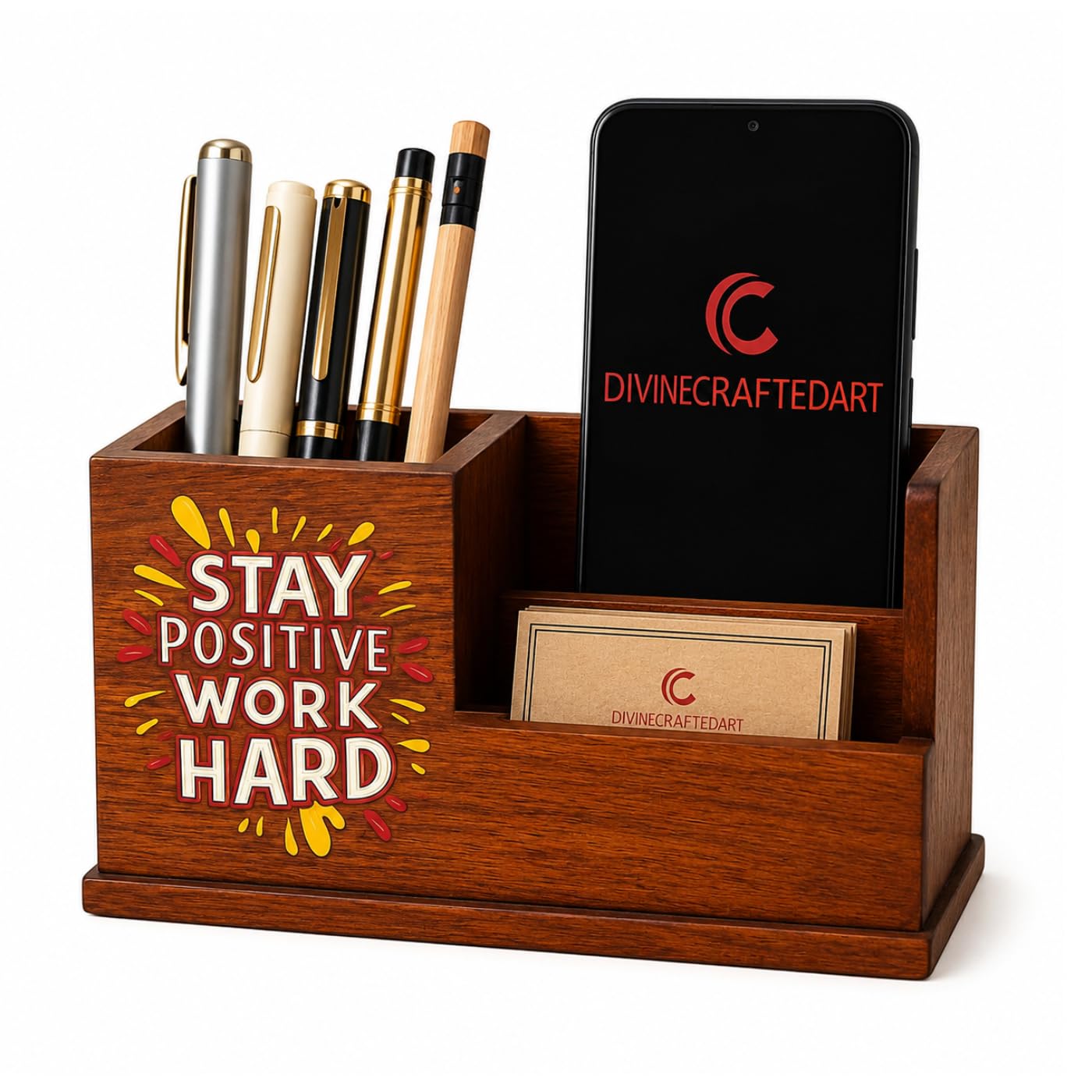 DivineCraftedArt Handcrafted Wooden Pen Holder & Mobile Stand | Desk Organizer for Office, Home & Study Table | Pen Pencil Stand with Card Holder (6.75×3.75×2.5 Inch) (Stay Positive Desk)-image-33