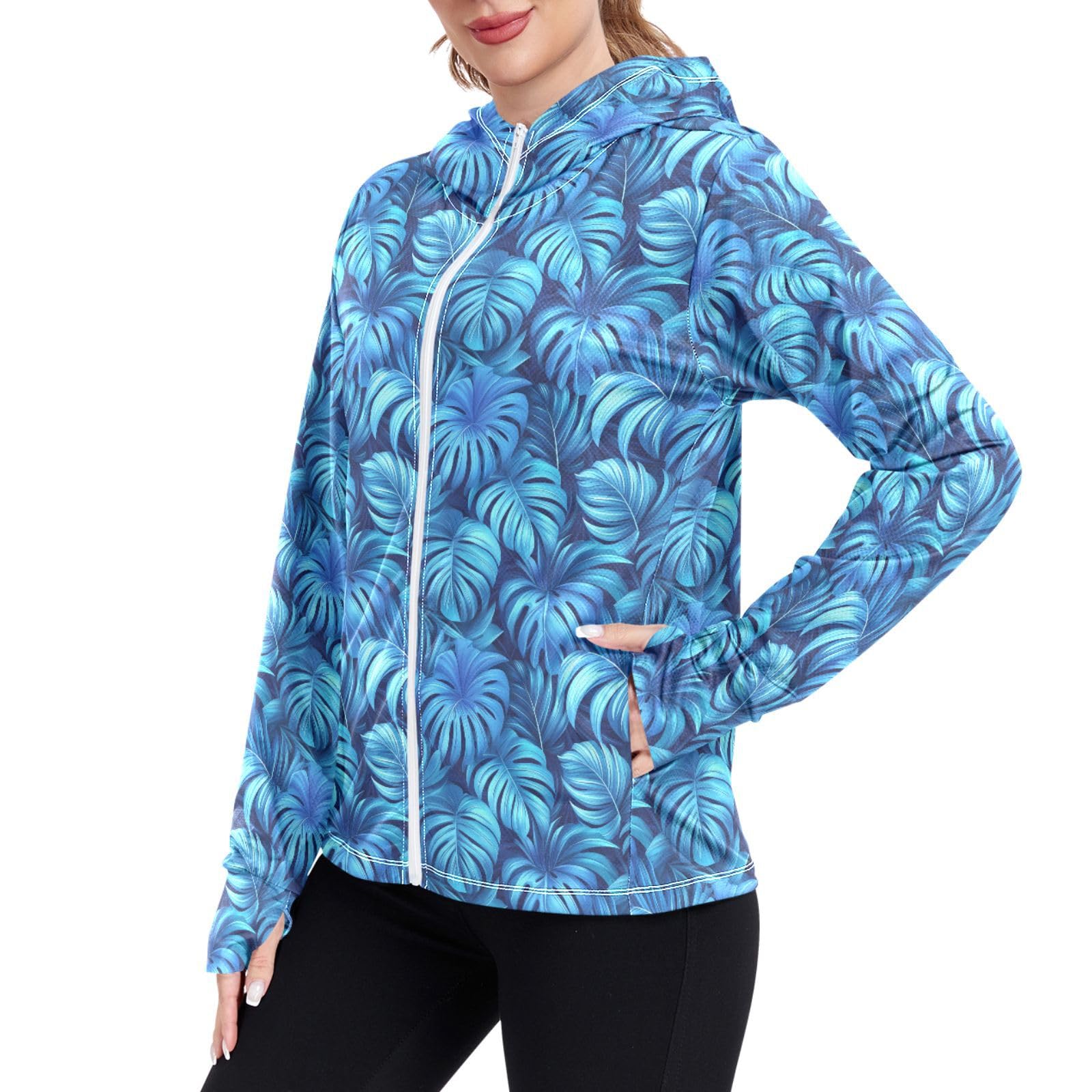 Women Sun Protection Lightweight Hoodie Jacket Teal Blue Tropical Zip Up Jackets for Women UPF 50 Clothing for Hiking Golf Running L