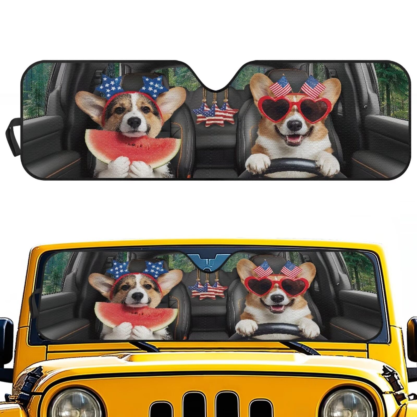 TSVAGA Car Windshield Sun Shade Compatible with Wrangler JK JKU TJ, Funny Corgi Windshield Sunshades Blocks UV Rays and Keep Interior Cool