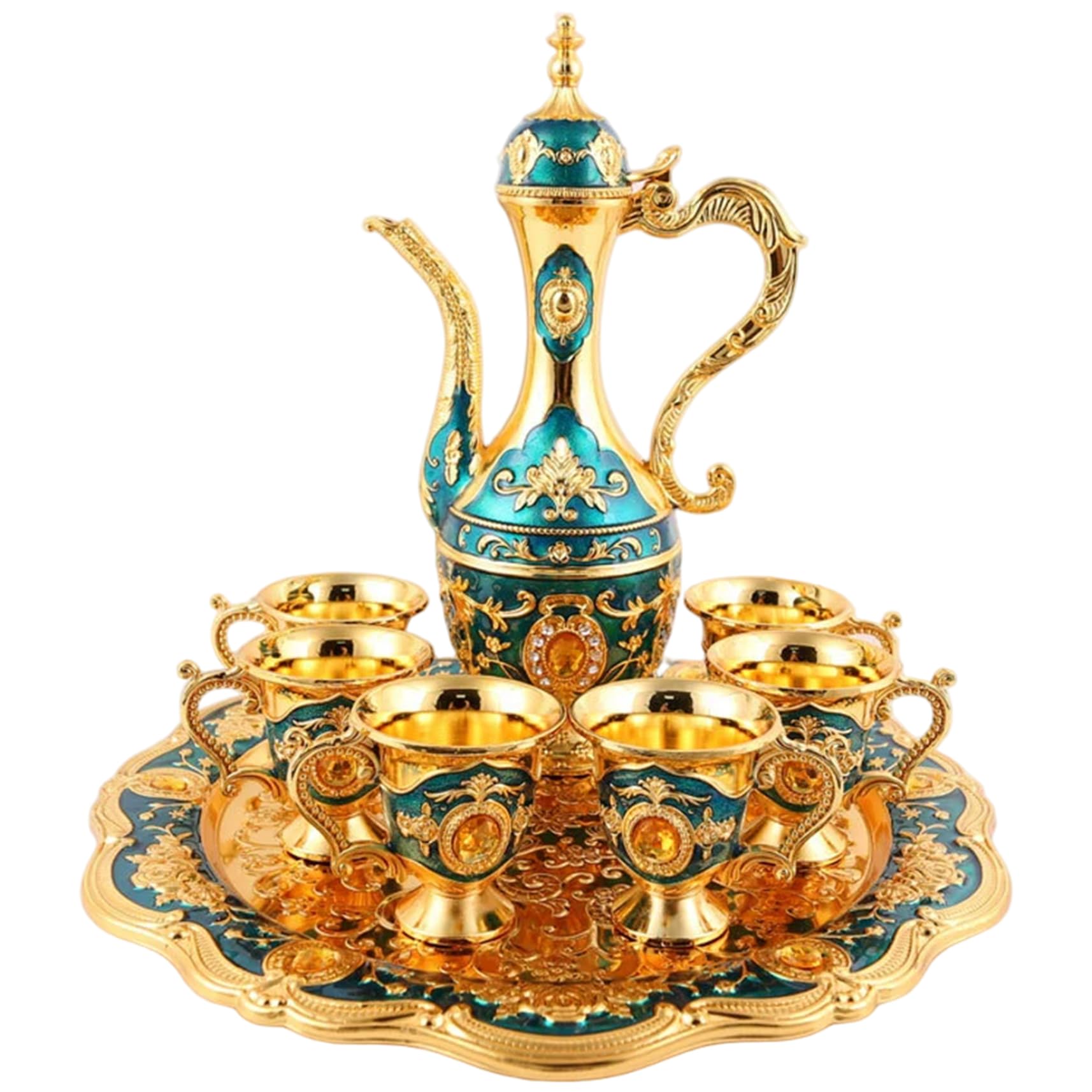 Service à thé turc vintage doré avec plateau et 6 tasses en métal