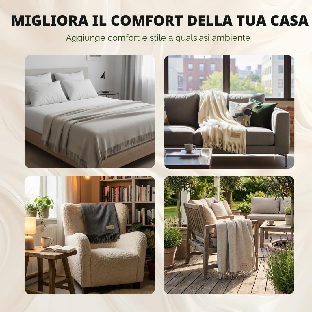 Menique Coperta MILANO 100% Lana 125x180 cm Grigio Scuro - Plaid Extra Fine Spessa per Autunno