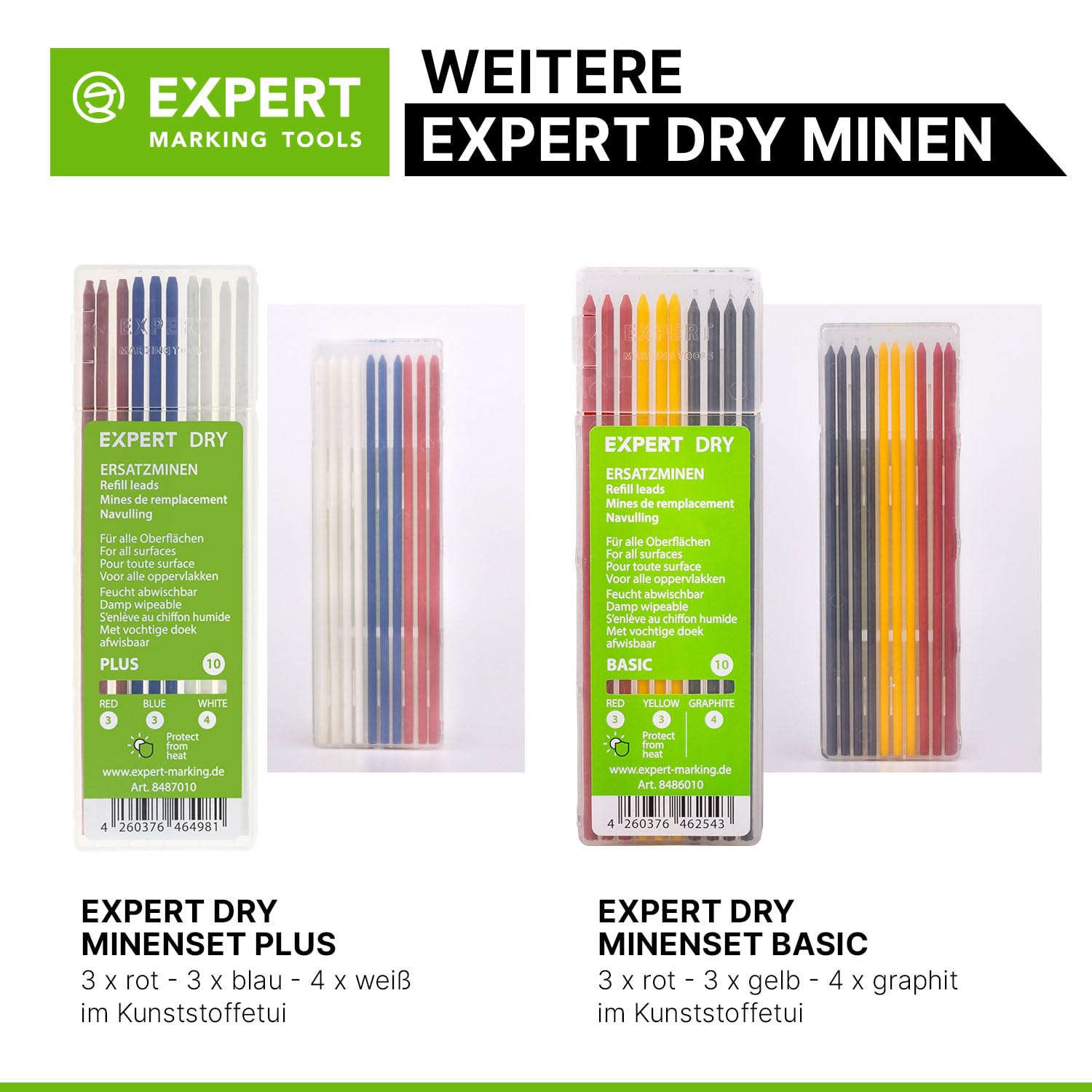 EXPERT DRY Zimmermannsbleistift inkl. 11 Minen | Mit integriertem Spitzer | Nachfüllbarer Tieflochmarker mit Graphit-Minen-Set | Handwerker Bleistift für Holz, Glas oder Metall | Bleistift Baustelle
