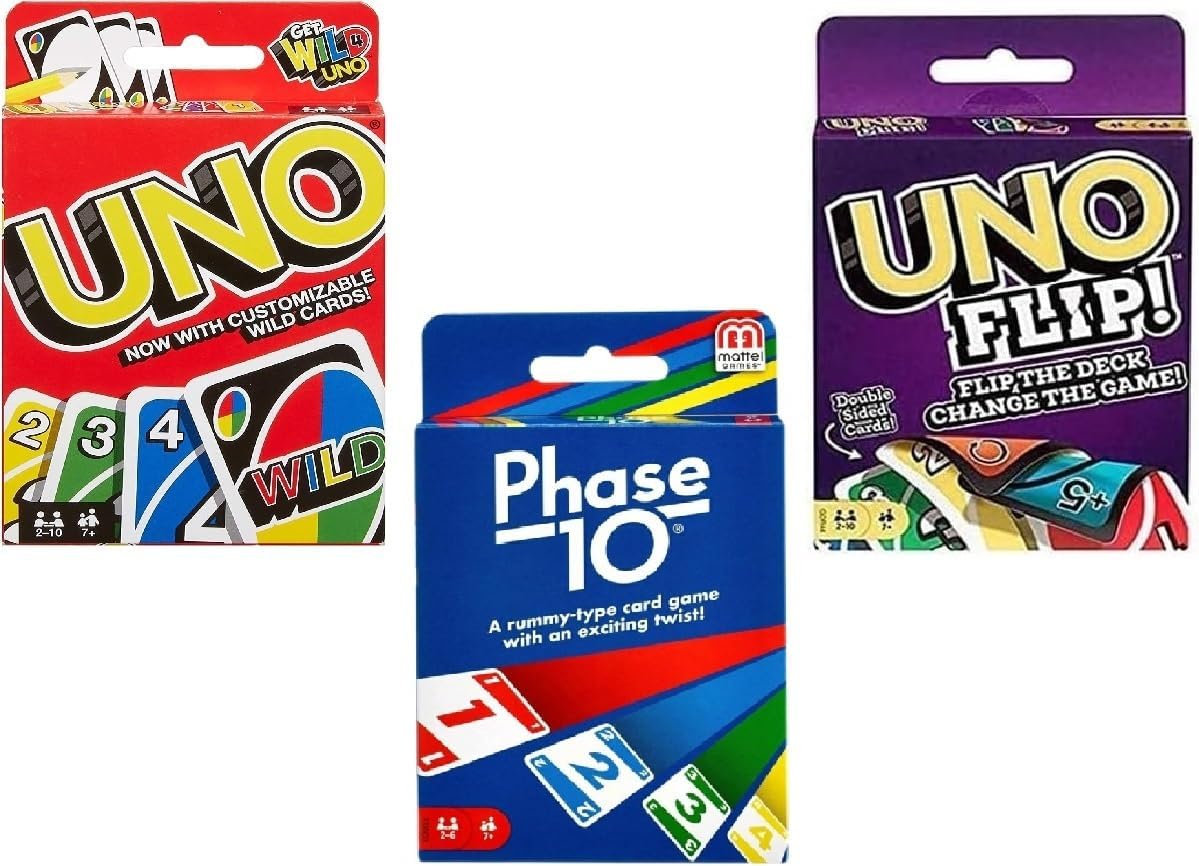 Uno, Flip and Phase 10 Card Game, Combo Pack of 3