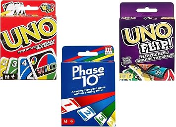 Mattel Uno, Flip and Phase 10 Card Game, Combo Pack of 3
