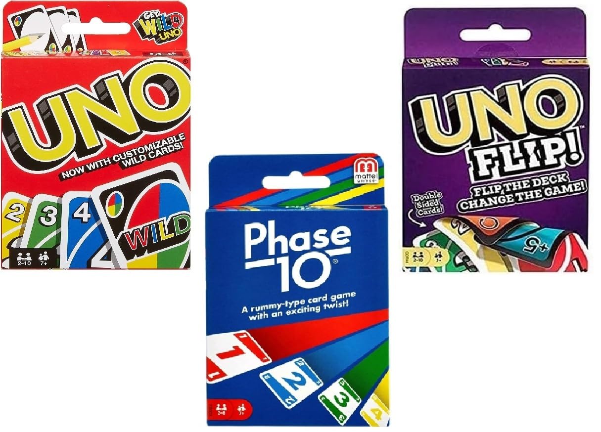 Mattel Uno, Flip and Phase 10 Lot de 3 jeux de cartes Combo