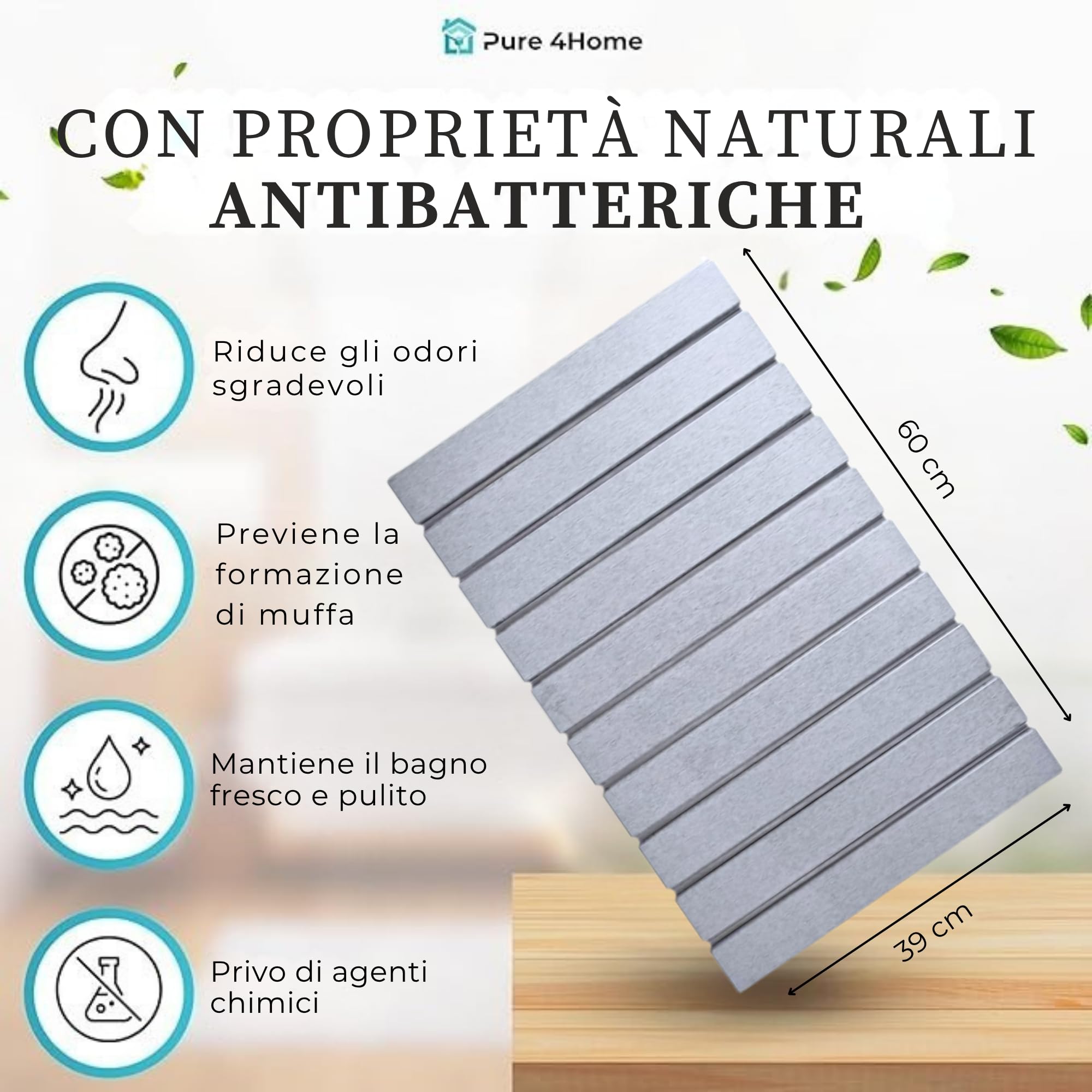 Pure 4Home Tappeto Bagno Diatomite Pieghevole 60x39cm | Pietra Assorbente con Rete Antiscivolo per Doccia o Cucina | Asciugatura Rapida e Sicura | Tappeto in Pietra Naturale (Grigio)