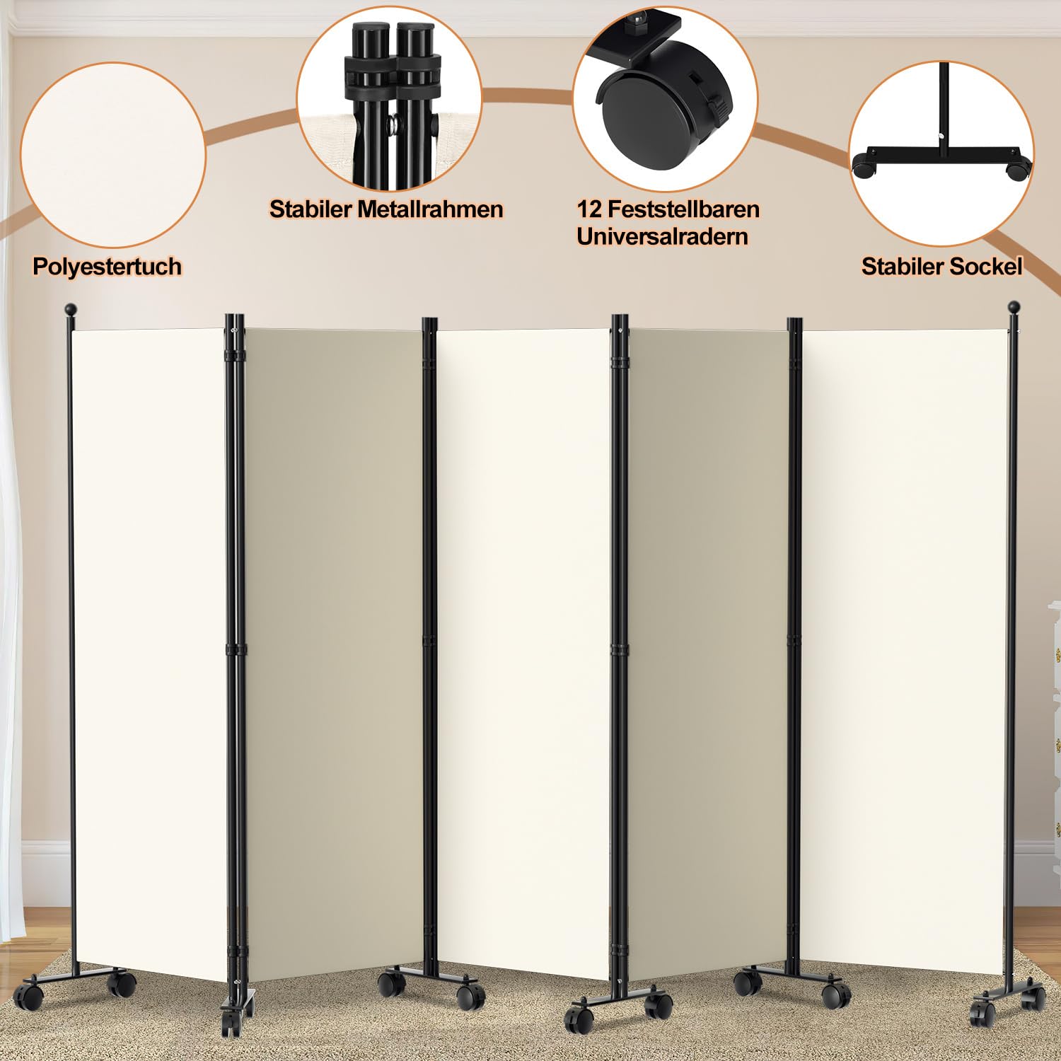 Paravent séparateur de pièce, pliable, autonome, en 5 parties, sur roulettes, brise-vue, cloison pour jardin, bureau, terrasse, 284 x 181 x 30 cm, blanc