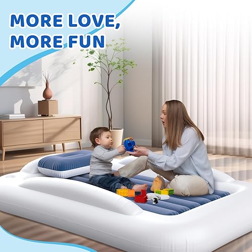 Miniatura 9 de Cama inflable de viaje para niños pequeños, cama portátil de 60 pulgadas para viajes con lados de seguridad, acogedor juego de colchón de aire para