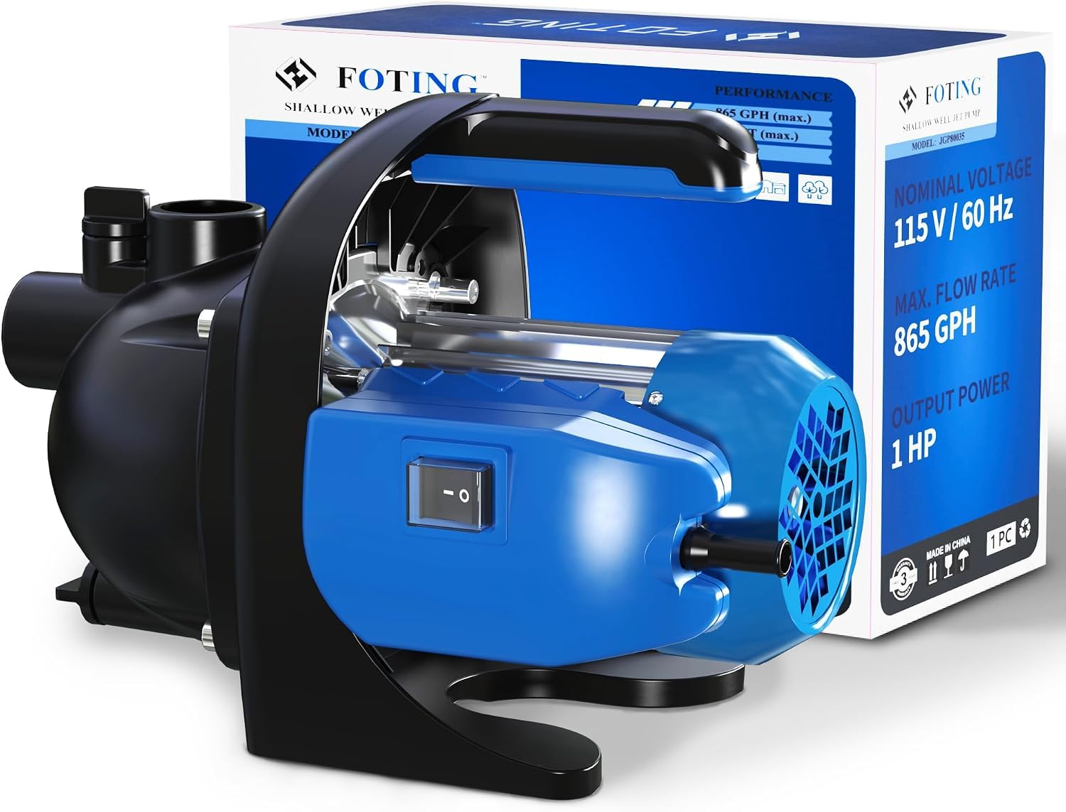 FOTING 1 HP Shallow Well Jet Pump, 865 GPH 115V Portable Water Transfer Booster Pump, 130ft Max Head, Stainless Steel for Home Garden Irrigation Lawn Farm, Blue