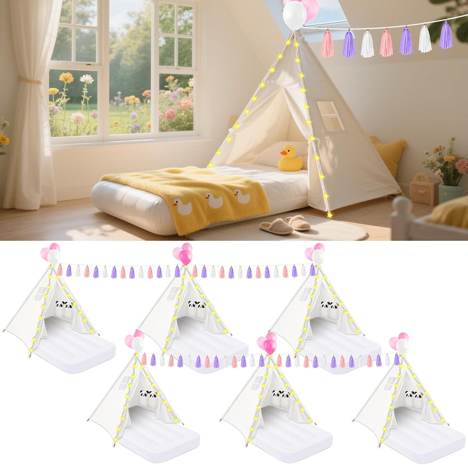 PLULON 6 Pack Teepee Tent for Kids Sleepover Tents Bulk for Girls Slumber Party with Inflatable Airbed and Decorations Play Teepee Christmas Birthday Gift (White) 6pcs White INCOMPLETE