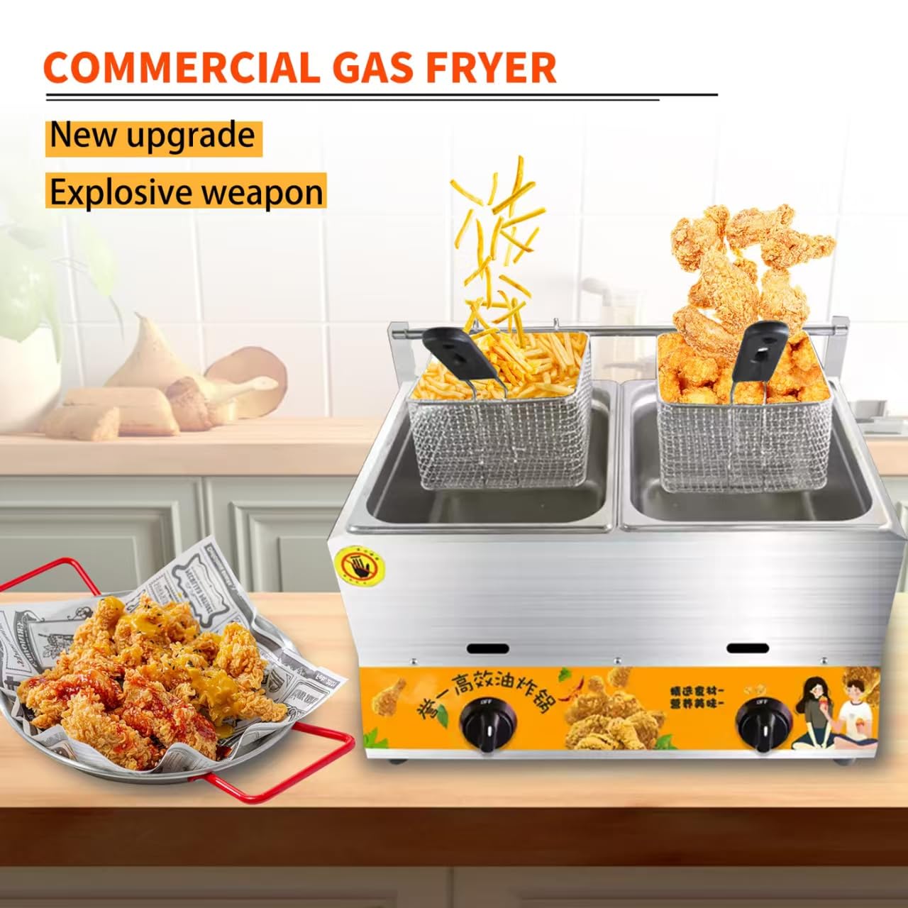 Friggitrice a gas di grande capacità, in acciaio inox, con potenza di fuoco regolabile, include cestini e coperchi, ideale per uso domestico e commerciale, facile da pulire