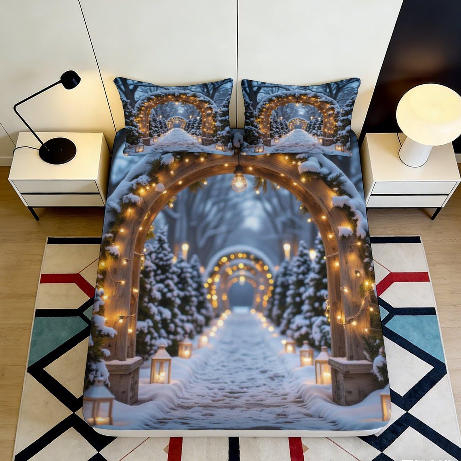 3D Printed Snow Scene Fitted Sheet Microfiber Non-Slip Deep Pocket Bedroom Bedding Snowy Mattress Fitted Cover Washable for Adults 140x200x25cm