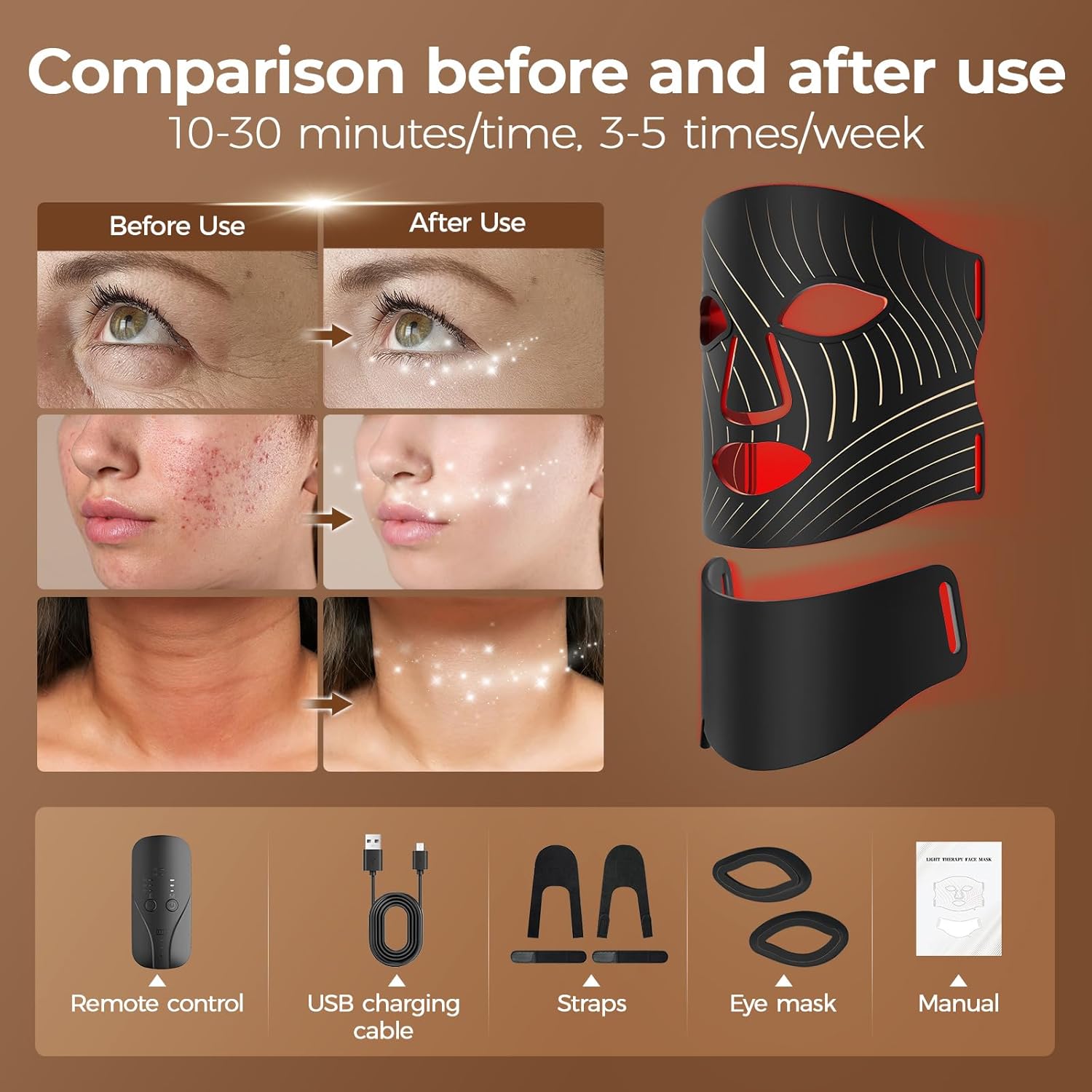 Red Light Therapy for Face,LED Face Mask Light Therapy with Neck Device,103 3-in-1 Light Beads,Remoter Rechargeable,Timing Function,Infrared Red Light Therapy Mask for Home Working Travel Yoga Sleep