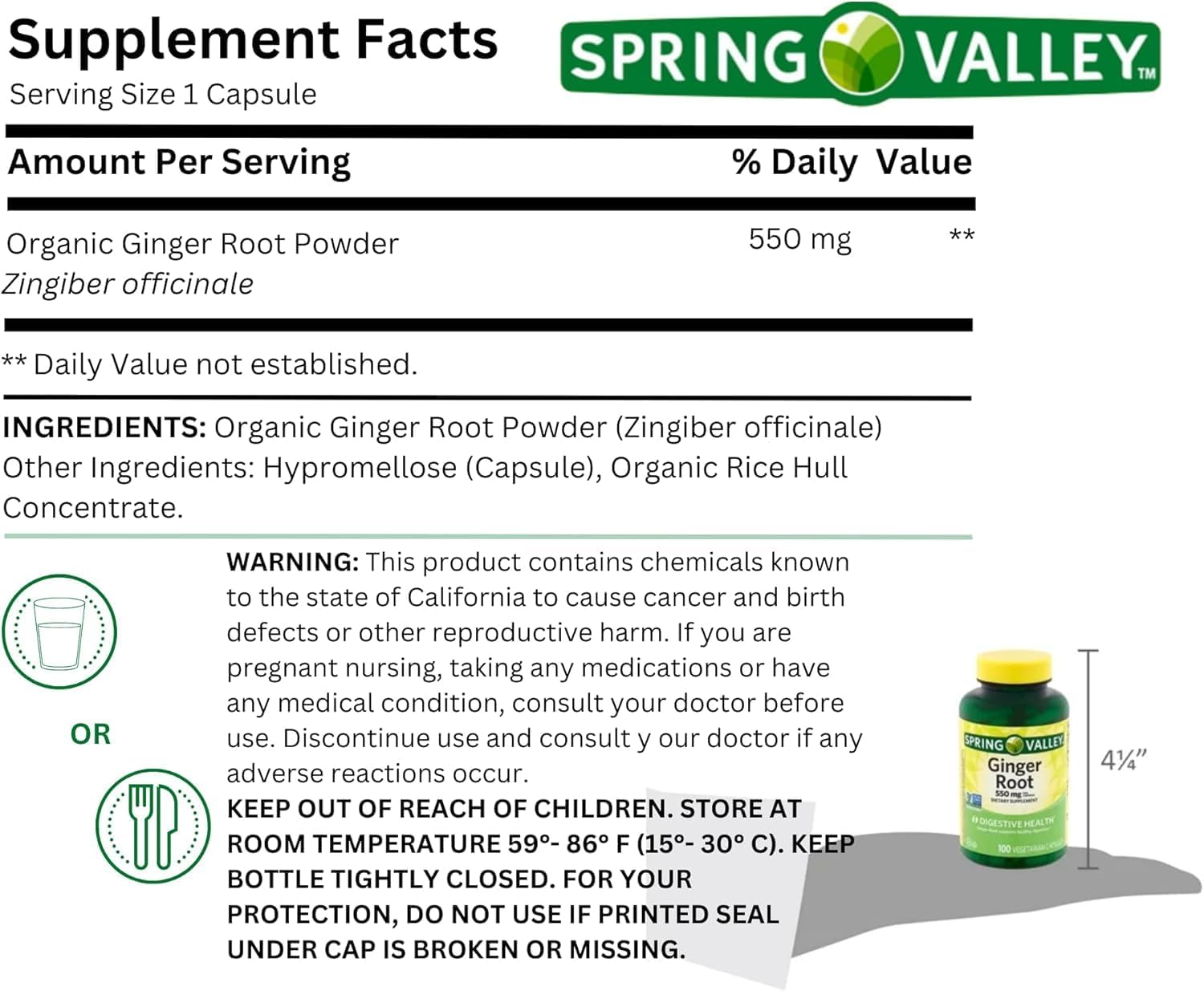 Spring Valley Ginger Root 550mg, Dietary Supplement Capsules, Digestive Health, 100 Count per Bottle (Pack of 2), Set with Basket Goods Store Polybag (1)