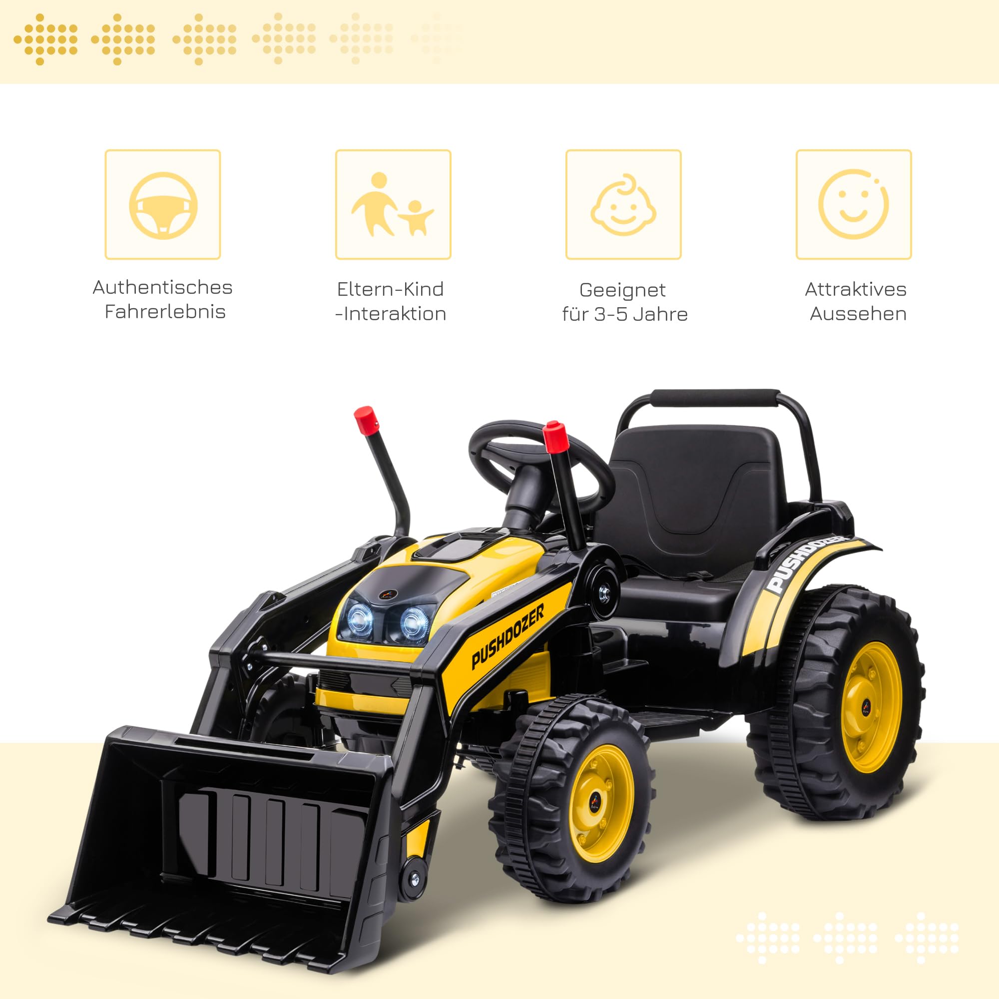 HOMCOM Kinder Elektrobagger Sitzbagger für Kinder Aufsitzbagger Geländewagen Traktor elektrisch zum Fahren mit Musik Schaufel Armen 3–5 Jahre PP-Kunststoff Stahl Gelb 132 x 62 x 65 cm