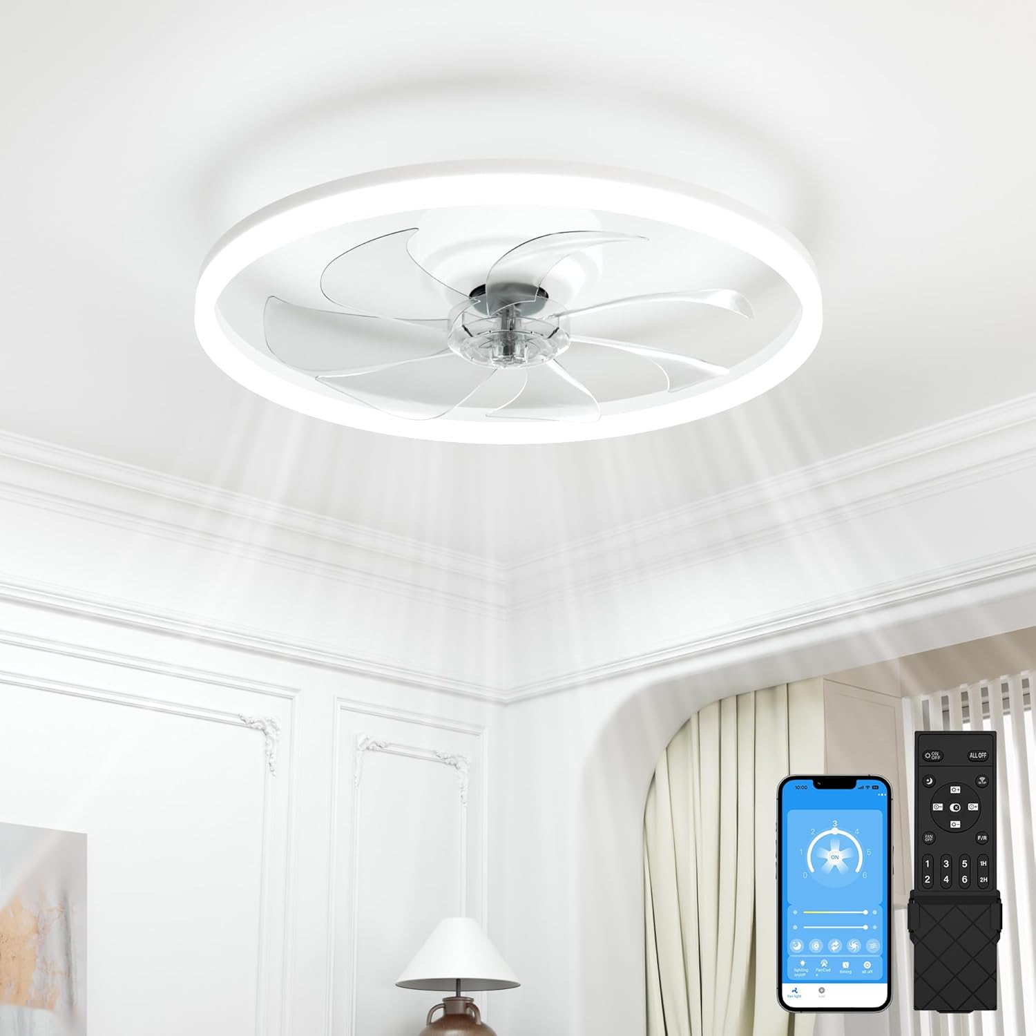 VOLISUN Low Profile Ceiling Fans with Light and Remote, 20in Fandelier Ceiling Fan with Lights, 3000K-6500K Dimmable Flush Mount LED Fan Light, White Bladeless Ceiling Fans with Lights for Bedroom White 20 INCH
