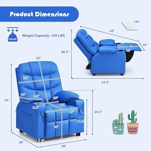 Miniatura 12 de GLACER Silla reclinable para niños con portavasos y bolsillos laterales, reclinable para niños con respaldo cómodo, reposabrazos y reposapiés,