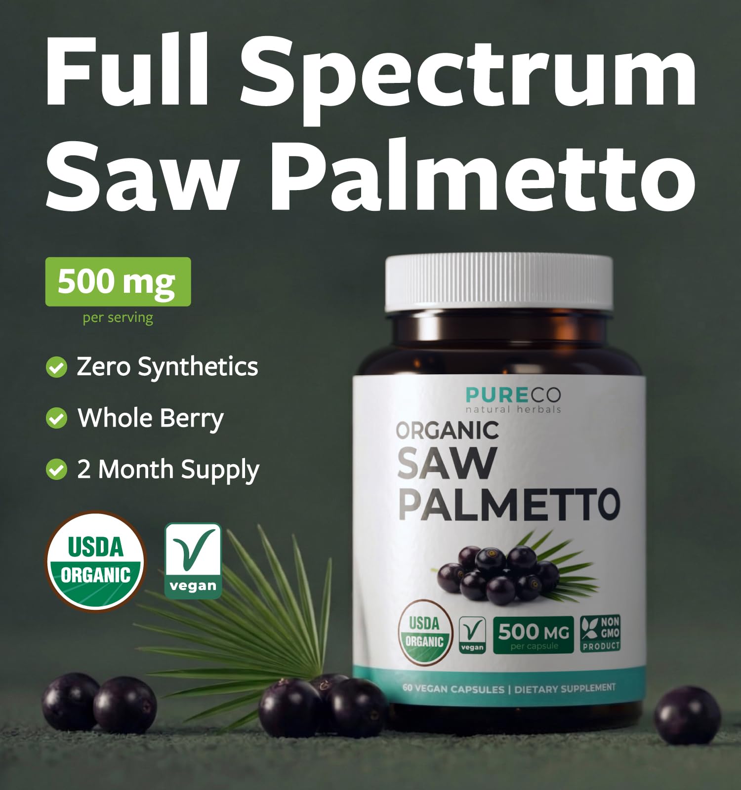 USDA Organic Saw Palmetto Supplement - Organic Saw Palmetto for Women & Men's Urinary Tract Prostate & DHT Blocker for Women - Whole Berries - Vegan Non-GMO & Lab Verified (2 Month Supply) — Amazon image 2