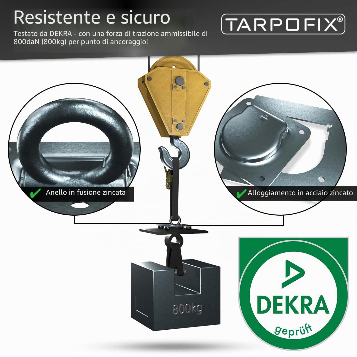 Tarpofix® Occhielli per rimorchio con contropiastre, viti incluse (6 pz) – Robusti bulloni di ancoraggio con una forza di trazione testata di 800 daN per gancio di ancoraggio, occhielli durevoli