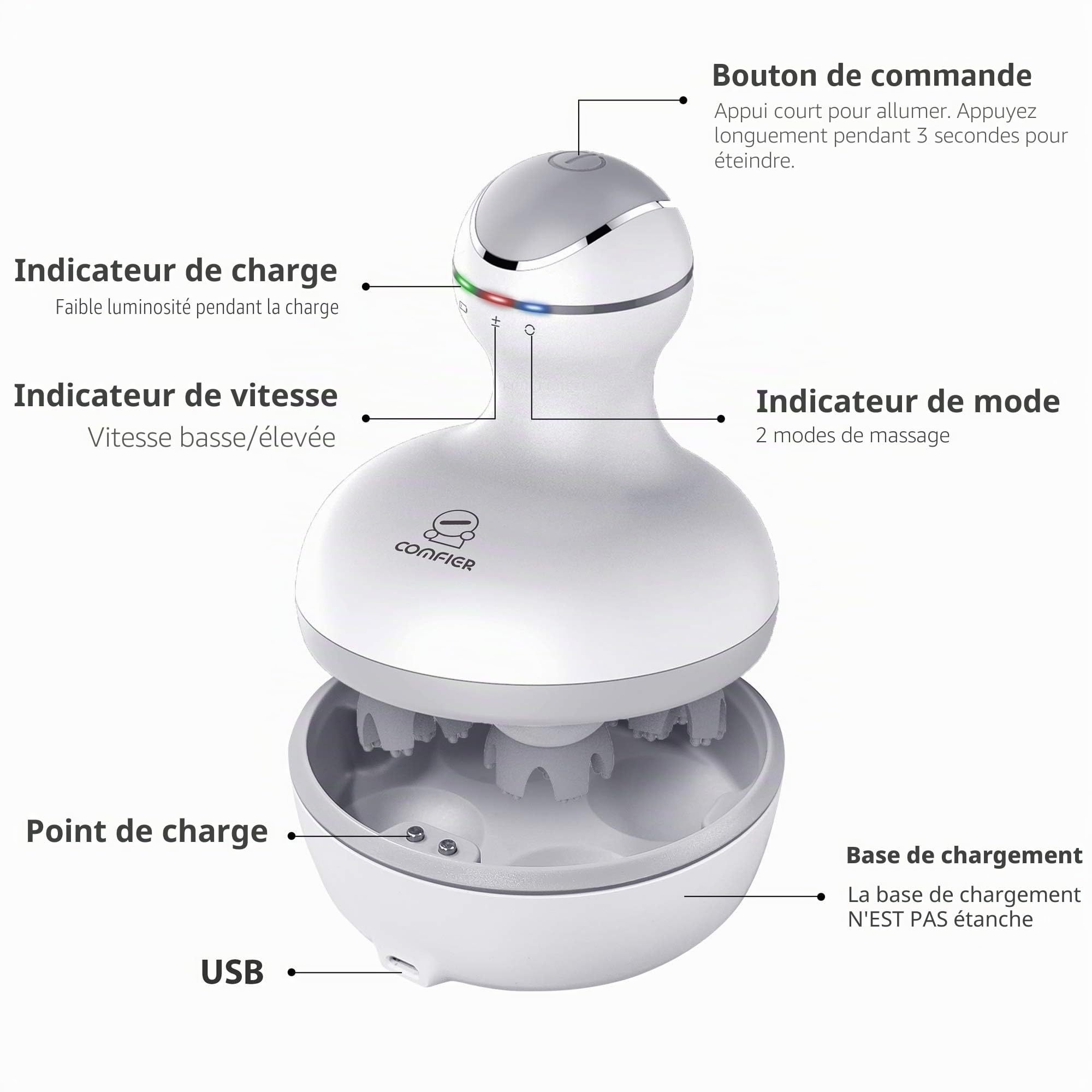 COMFIER Masseur de cuir chevelu sans fil - Masseur de tête électrique, Masseur de grattoir de tête portable pour la croissance des cheveux, nettoyage en profondeur et relaxation du stress