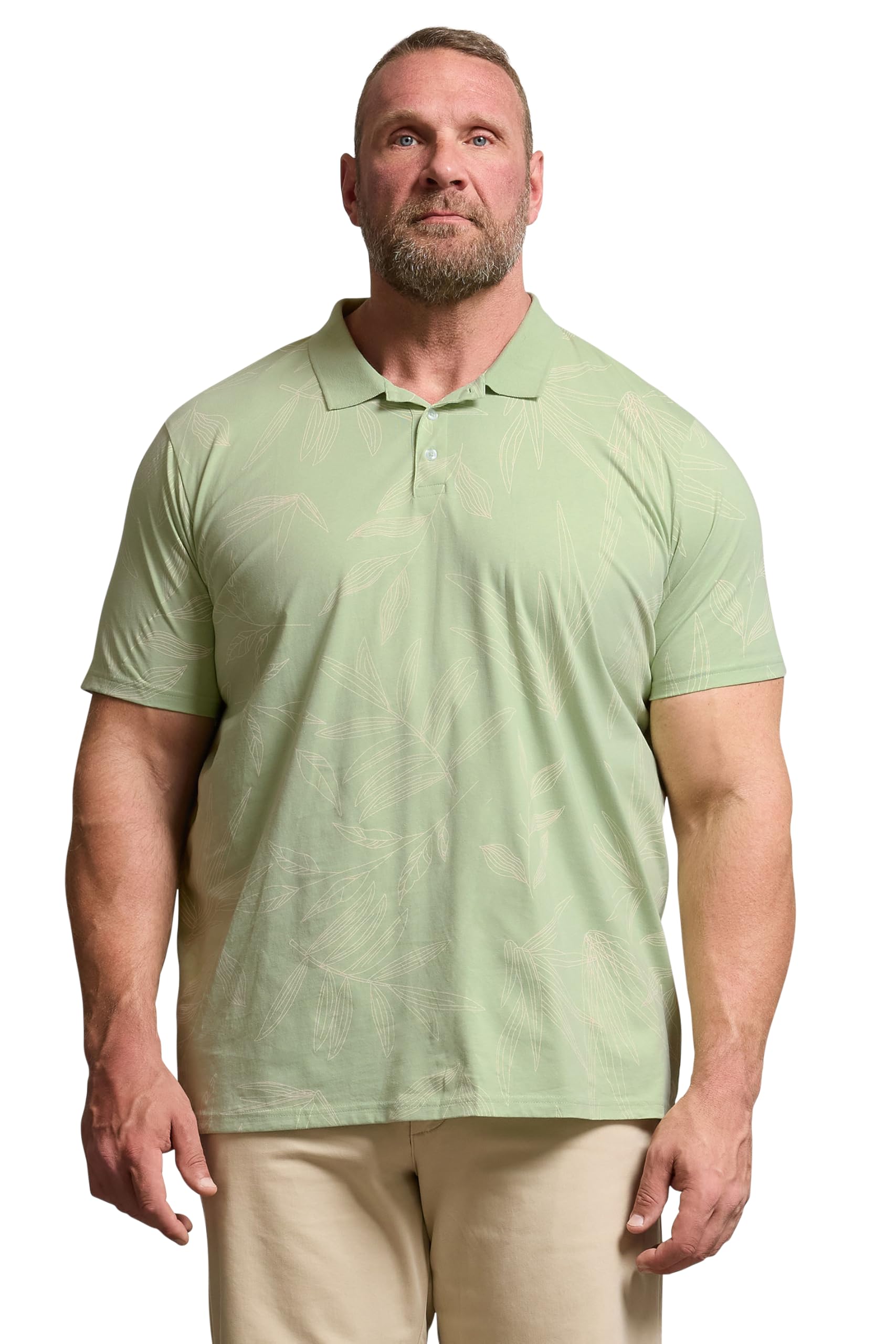 Badrhino Men's Light Green Big & Tall Sage Green Leaf Print Polo Shirt - Plus Size Curve