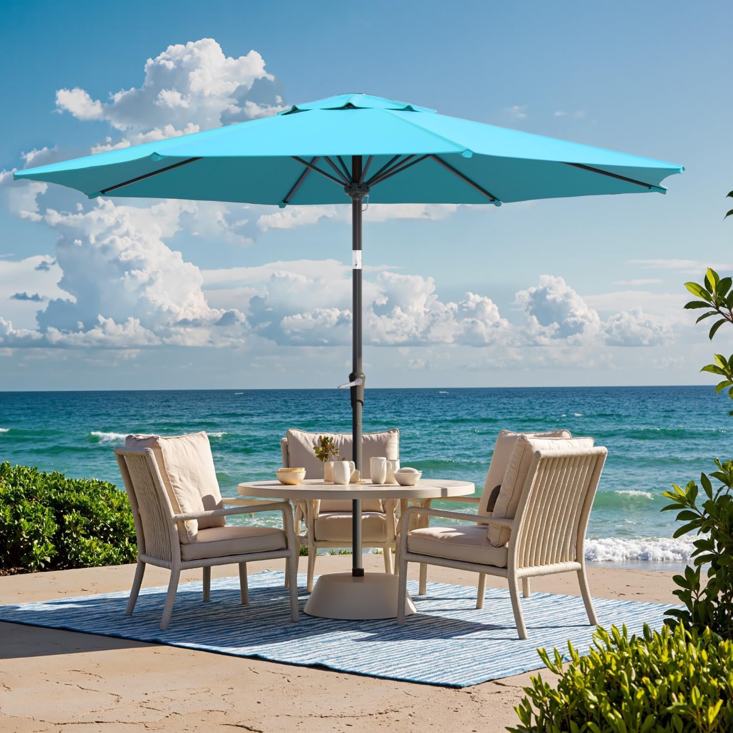 Outdoor Patio Umbrella with One Push Button Tilt and Crank, 8 Sturdy Ribs Market Table Umbrella 9FT Turquoise-Steel Ribs