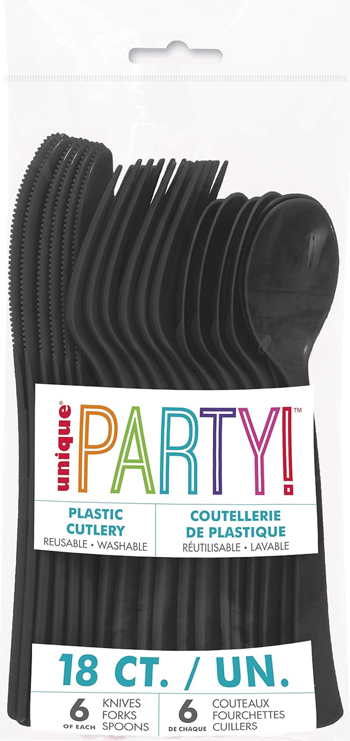 Elegant Black Solid Assorted Plastic Cutlery - 18ct - Stylish Disposable Silverware for Weddings, Parties & Events