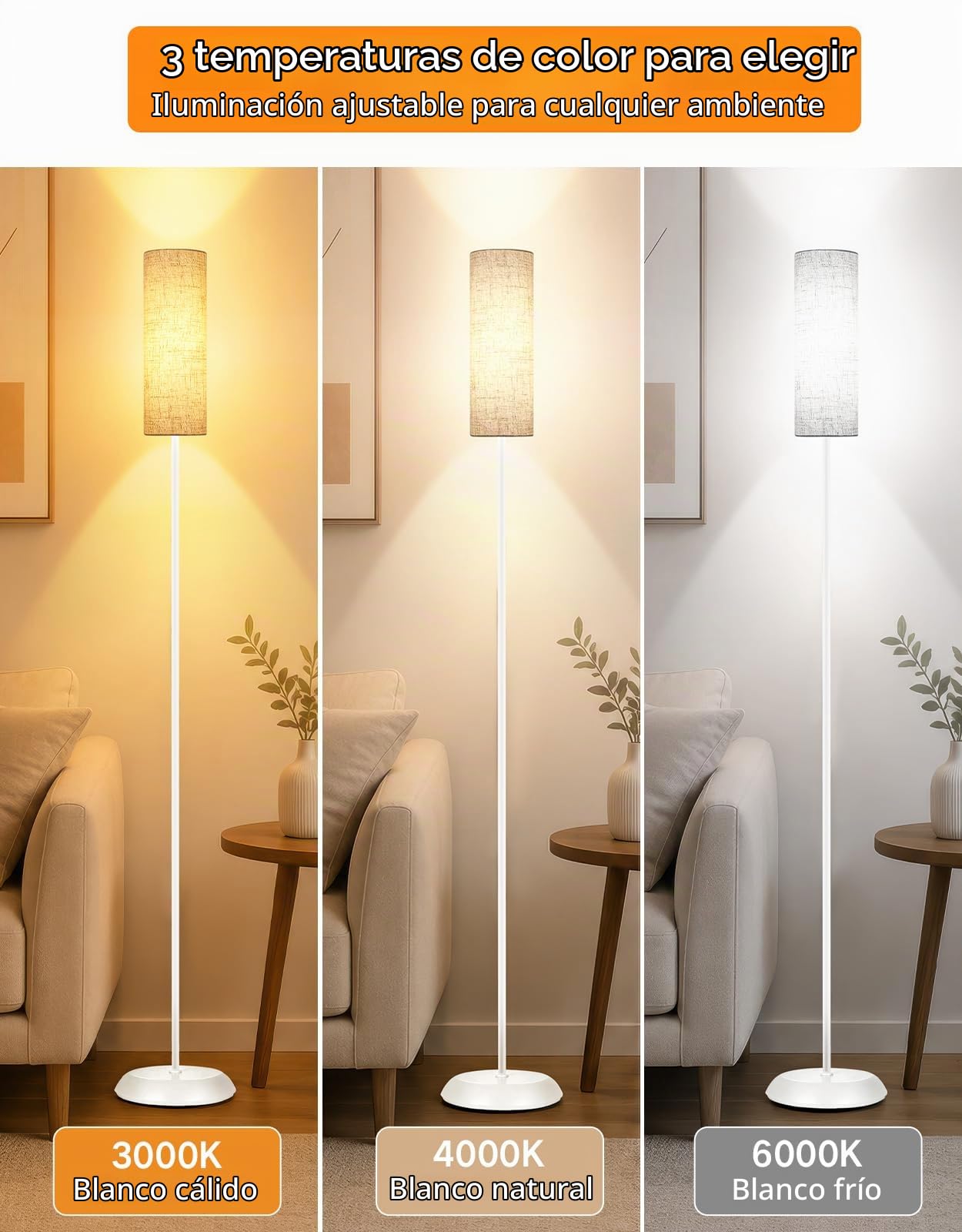OUTON Lámpara de Pie Moderna de Metal con Pantalla de Lino, Blanco | Dormitorio