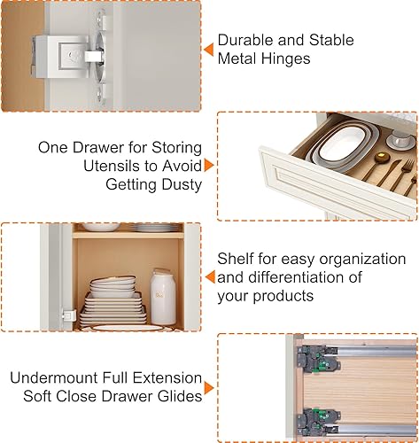 Miniatura 5 de LOVMOR Armarios de base de cocina, armario de almacenamiento aparador, gabinete de entrada con 1 cajón y estante ajustable, 24 pulgadas de ancho x