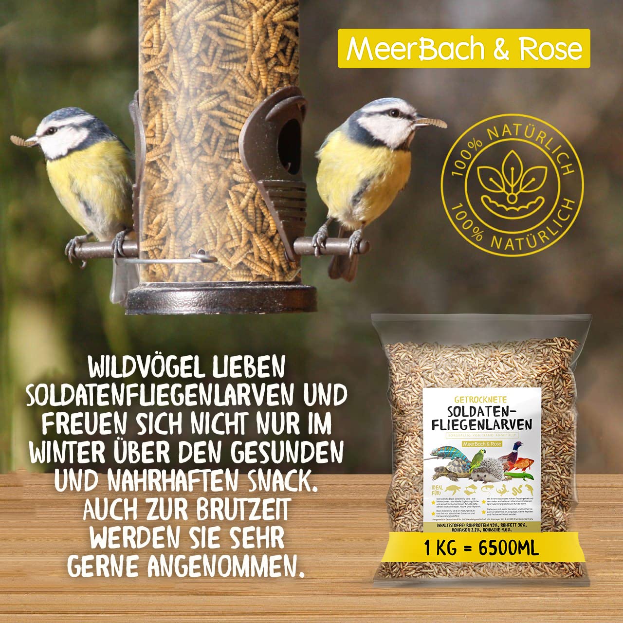 Larves de mouches soldats séchées - Black Soldier Fly - 1 kg (équivalent à 6,5 l) Aliment en sachet, collation riche en protéines pour oiseaux sauvages, poissons, reptiles, tortues et hérissons