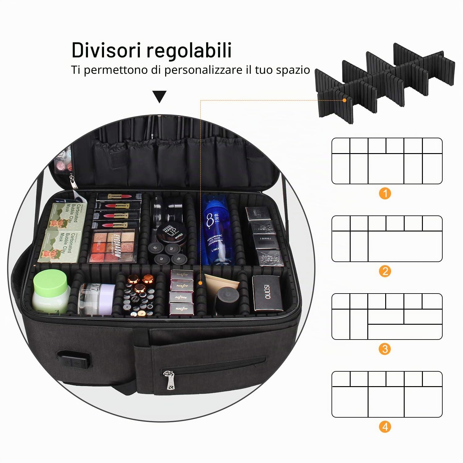 Relavel Borsa per trucco portatile da viaggio, grande organizzatore professionale con cinghia regolabile e separatori
