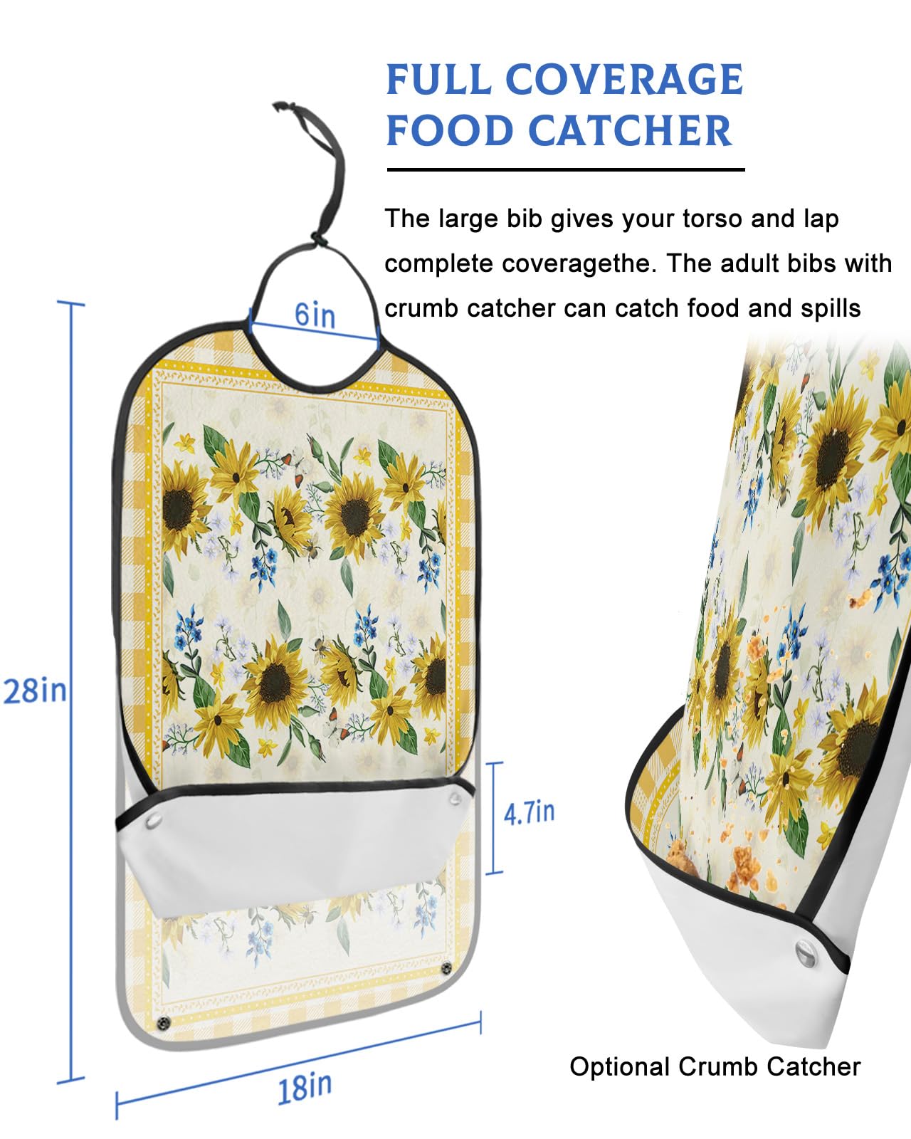 Kewadony Adult Bibs for Elderly Women - Sunflower Waterproof Dining Clothing Protectors with Crumb Catcher for Eating/Feeding, Farmhouse Butterfly Floral Yellow Buffalo Plaid Terry Cloth Bib Washable