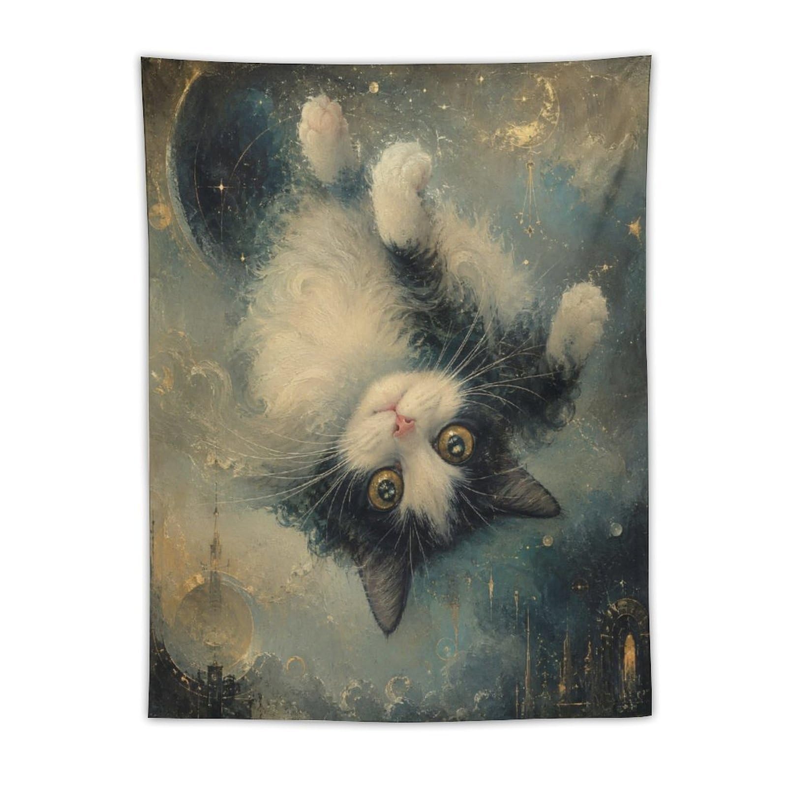 H3B8U2Y5 Upside Down Cat Moonlit Wall Tapestry, Oil Painting, College Dorm