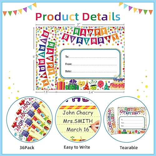 Miniatura 7 de FaCraft Marcapáginas de cumpleaños para estudiantes, 36 piezas de cupcakes de confeti certificados de cumpleaños para niños, marcadores de aula,
