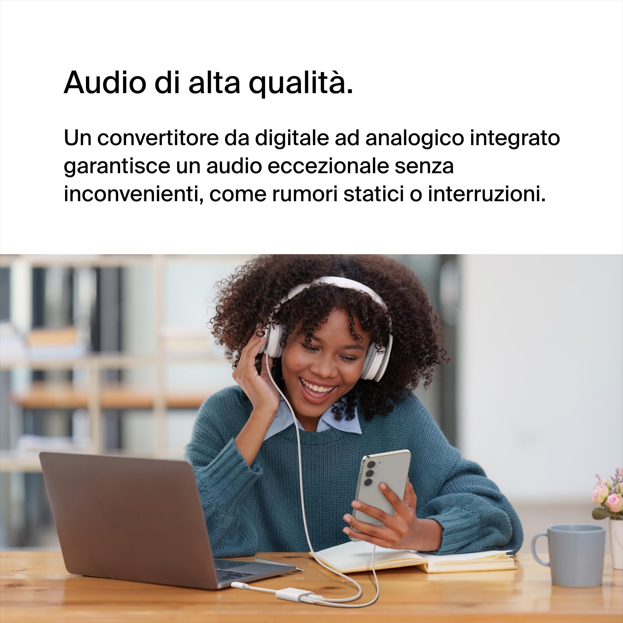 Belkin RockStar Adattatore audio + ricarica USB-C, adattatore cuffie con ricarica rapida USB-C PD 60 W per iPhone 15, iPad Pro, Galaxy, Note, Google Pixel, LG G6, Sony Xperia, OnePlus e altri - Bianco