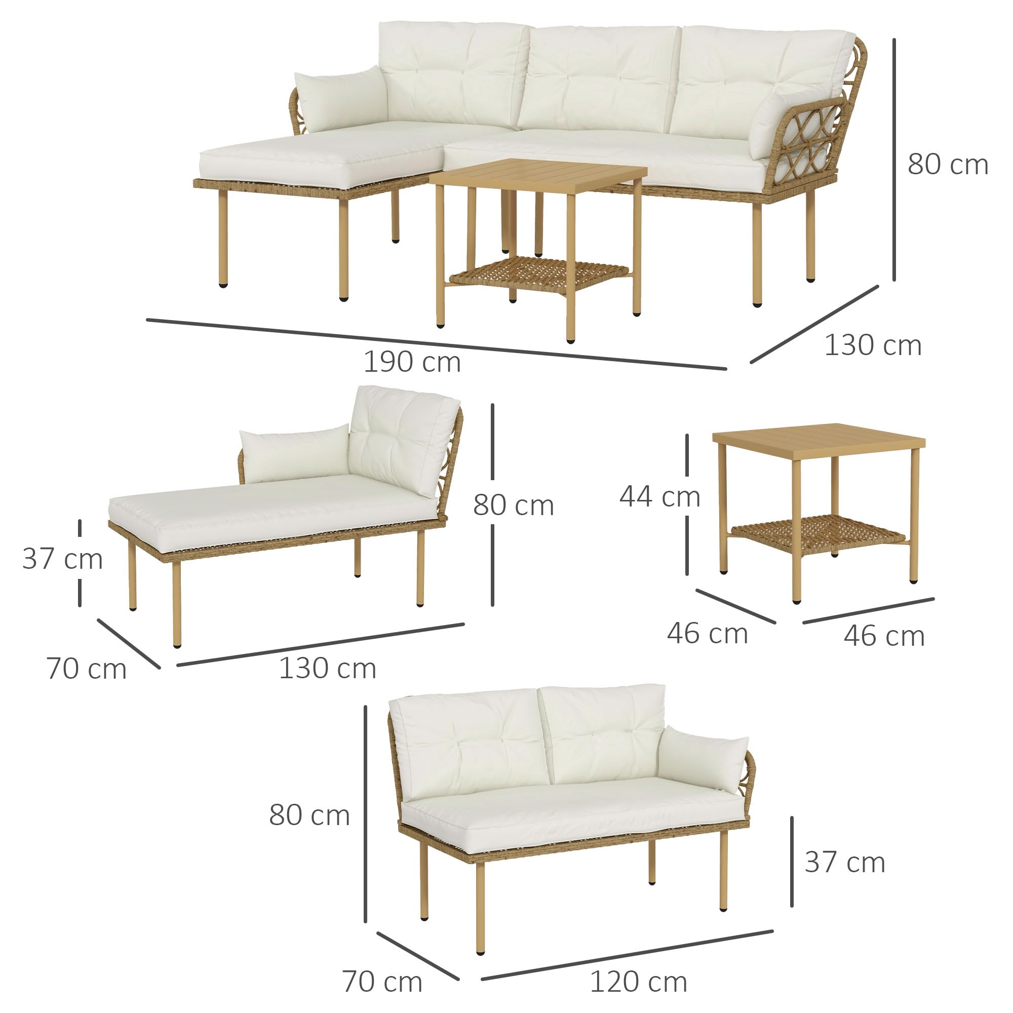 Outsunny Set Giardino Rattan 3 Pezzi Salotto Esterno Divanetto 2 Posti Chaise Longue Cuscini Lavabili Tavolino Caffè Crema