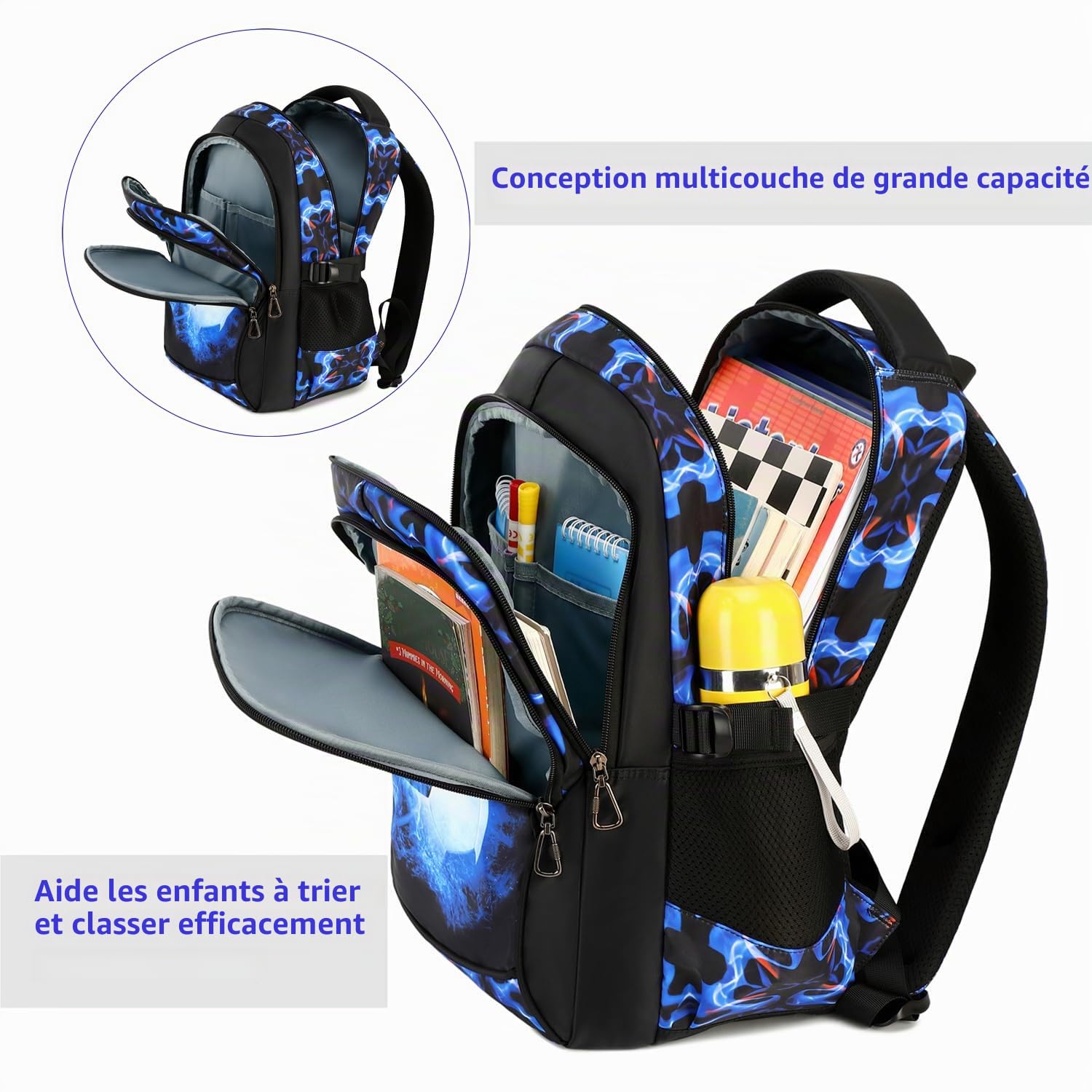 Lmwzh sac a dos enfant cartable garcon primaire pour Enfants et Adolescents Sac à dos Grande Capacité imperméable en nylon