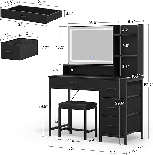 Miniatura 5 de Rolanstar Escritorio de tocador con espejo y luces, tocador de maquillaje con taburete tapizado, 4 cajones, tomas de corriente, juego de tocador con