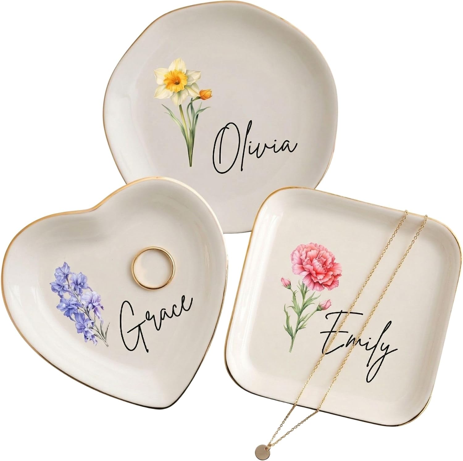 Personalized Birth Flower Name Jewelry Tray, Custom Ring Dish, Ceramic Trinket Dish, Ring Holder, Bridesmaid Friends Gift for Birthday, Mother’s Day